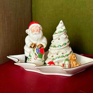 Lenox Holiday Christmas Set • Leaf Dish • Tree + Santa Salt & Pepper